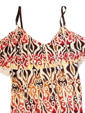 Women’s Printed Ruffle Top Maxi Dress- Red, Brown & Cream